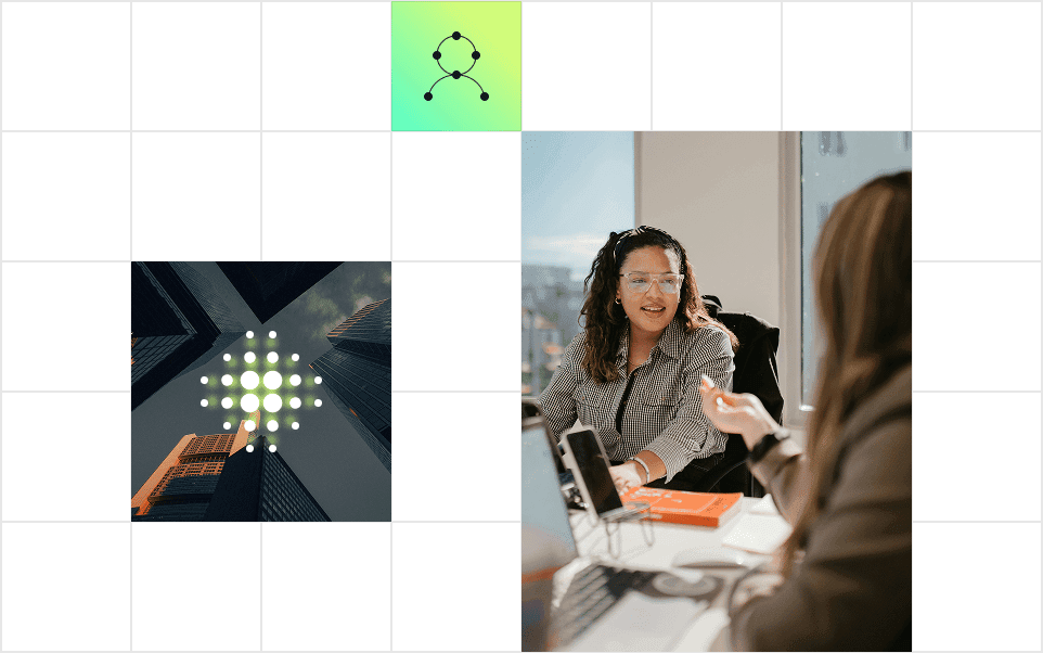 A collage featuring a tech-inspired design, a view of skyscrapers, and a discussion between two individuals in an office setting.