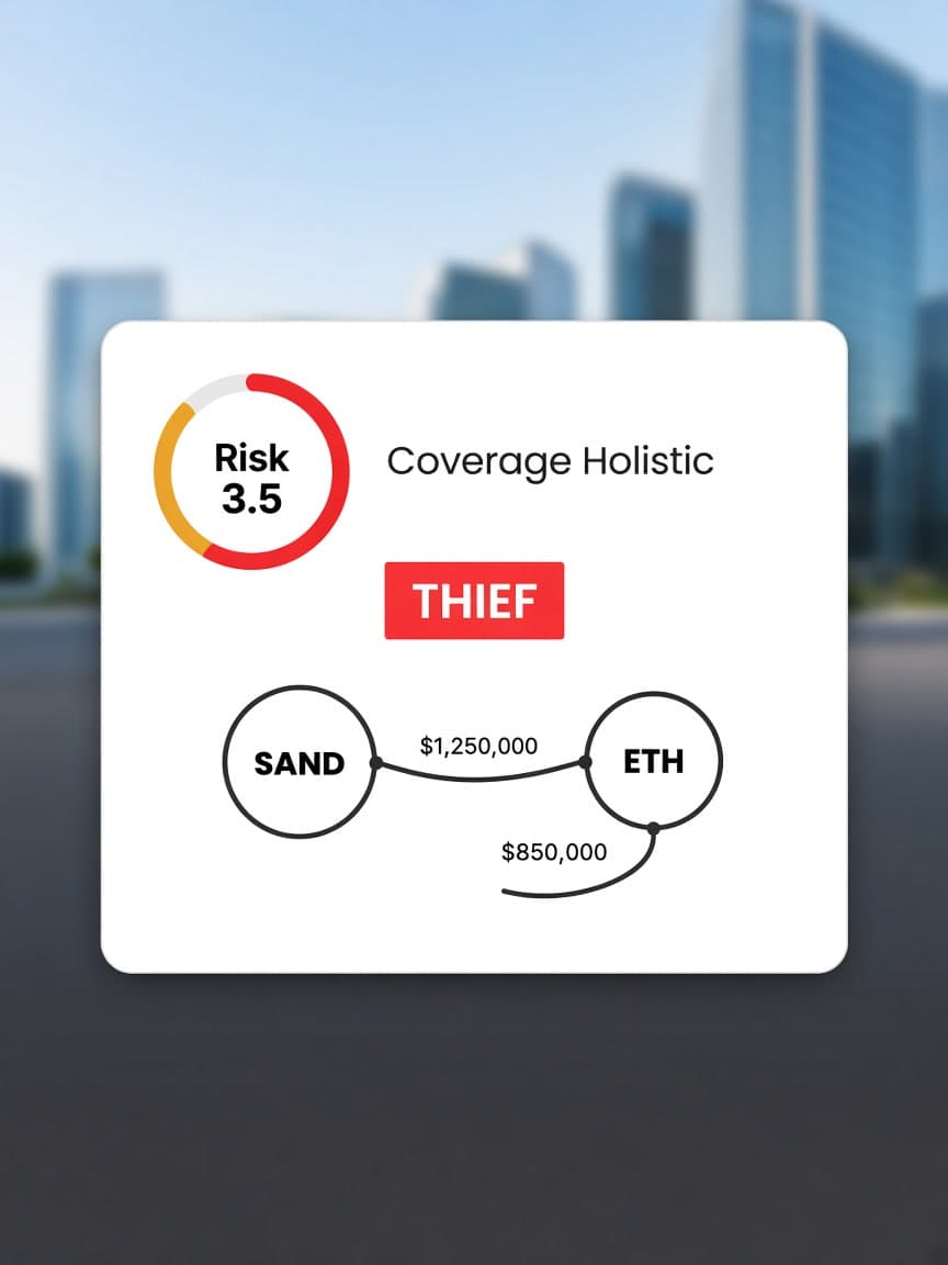 Risk assessment interface displaying a risk level of 3.5, coverage type as Holistic, and SAND and ETH fund-flow values.
